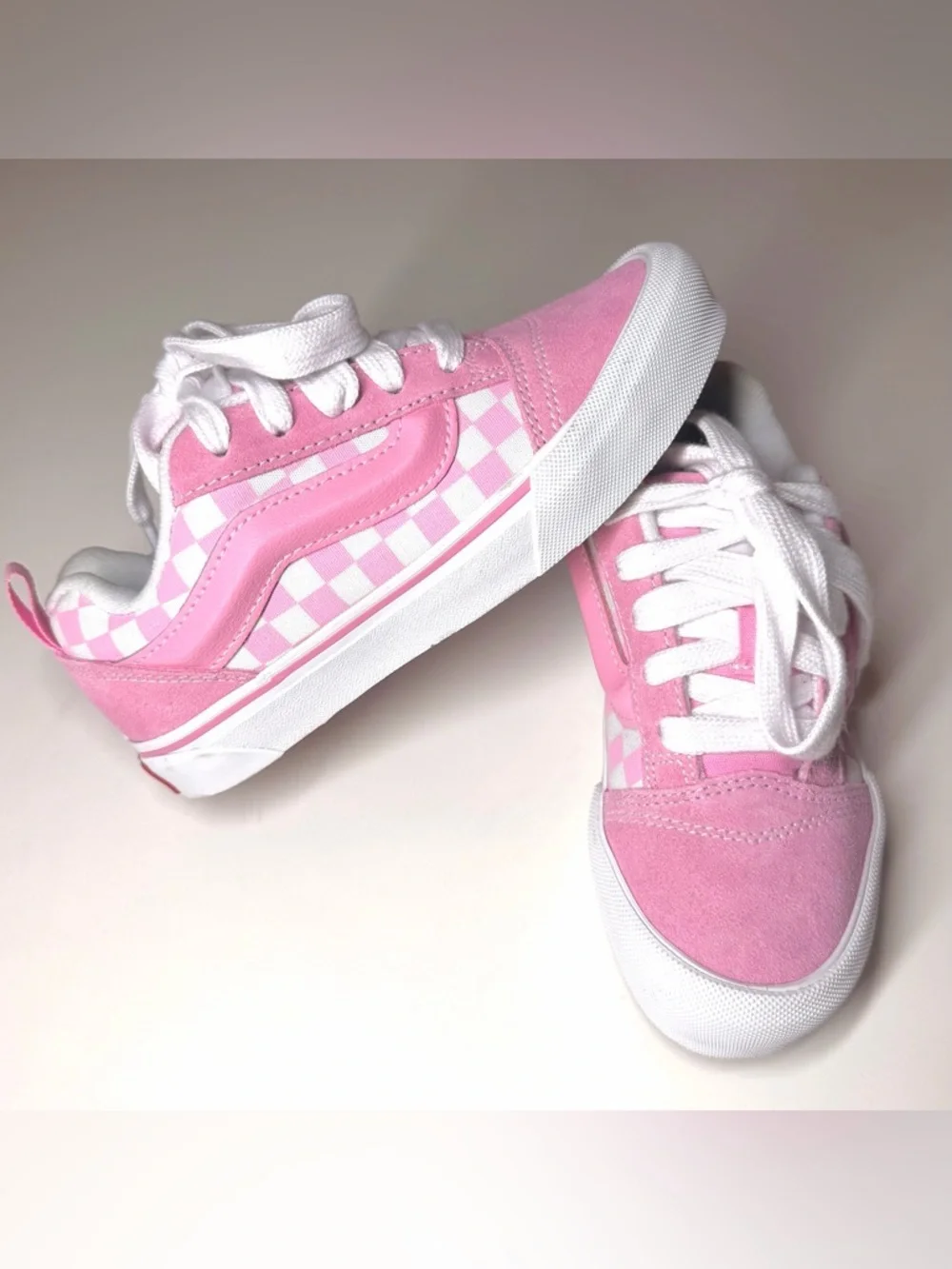 Vans Kids Knu Skool Checkerboard Skate Shoe Pink / White Size- 2